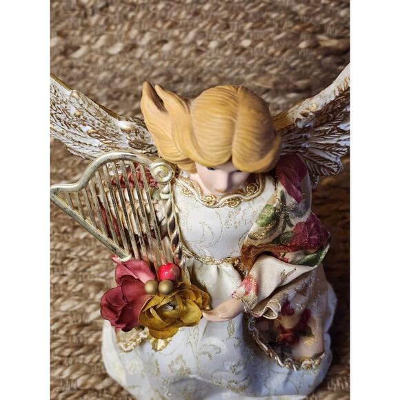 Beautiful Christmas Angel Tree Topper Gold Wings & Floral Gown Playing Harp 13" - Picture 7 of 10